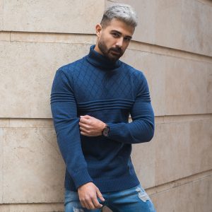 پلیور مردانه آبی طرح لوزی یقه اسکی مدل Havash