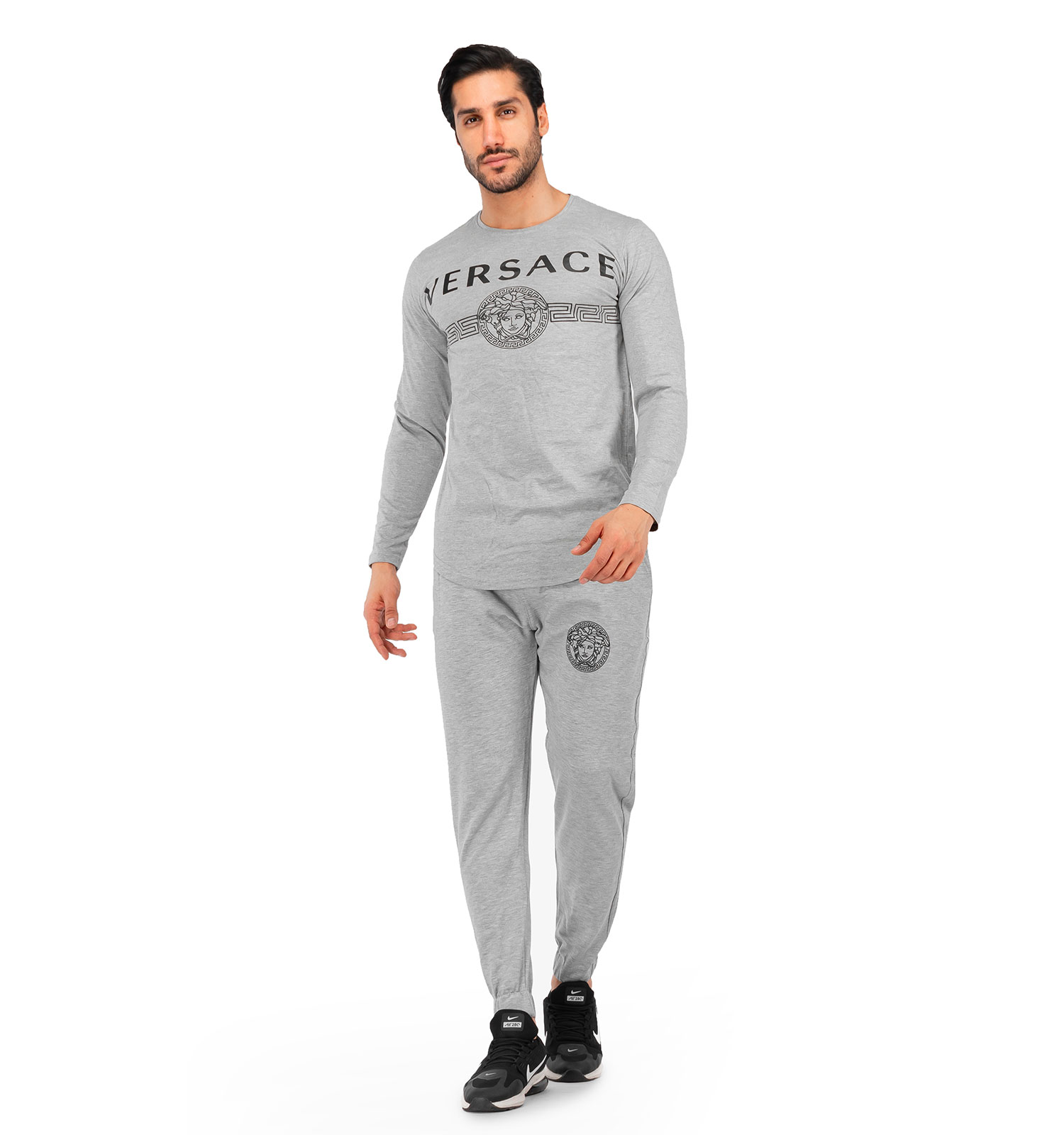 ست بلوز شلوار مردانه دمپا کش طوسی Versace ساده یقه گردمدل 40253