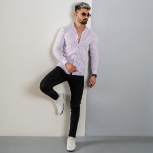 پیراهن راه راه سفید یاسی مردانه مدل HAMED