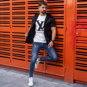 هودی مردانه مشکی سفید مدل LV