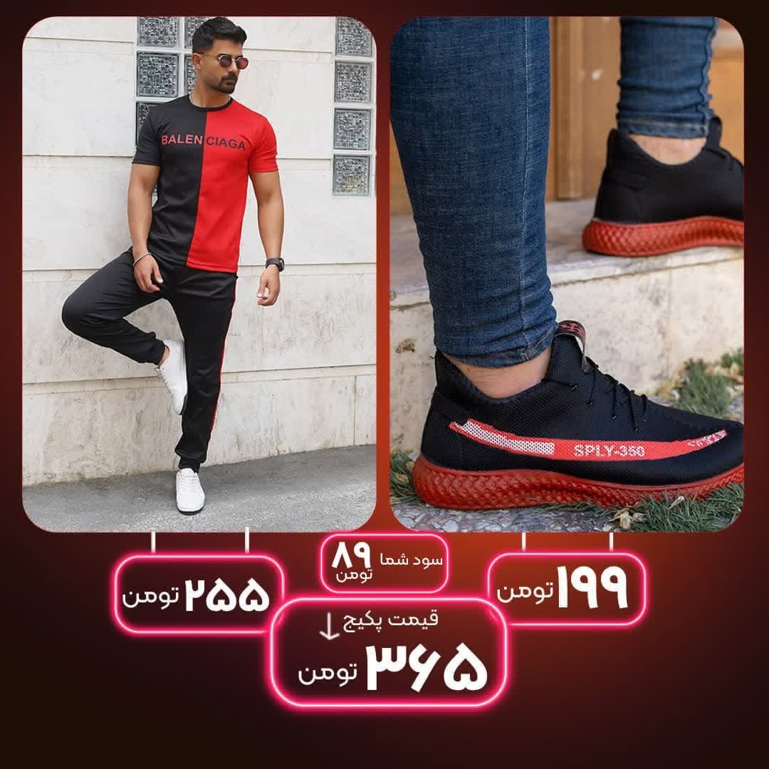 پکیج کفش ورزشی Sply-350 مردانه مشکی قرمز مدل Yogiست تیشرت شلوار مردانه مدل Baloon