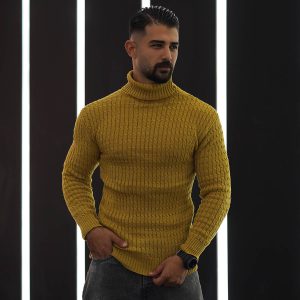 پلیوربافت مردانه خردلی یقه اسکی مدل Pouyan