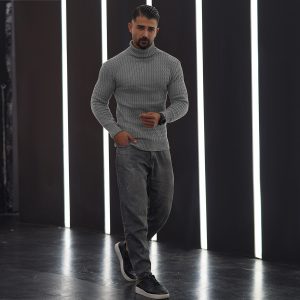 پلیوربافت مردانه طوسی یقه اسکی مدل Pouyan