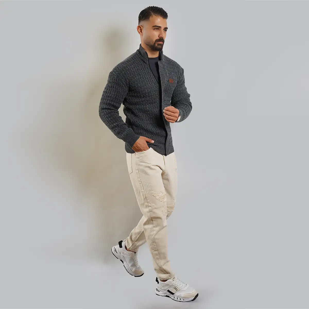 سویشرت بافت ذغالی مردانه مدل OKSEN