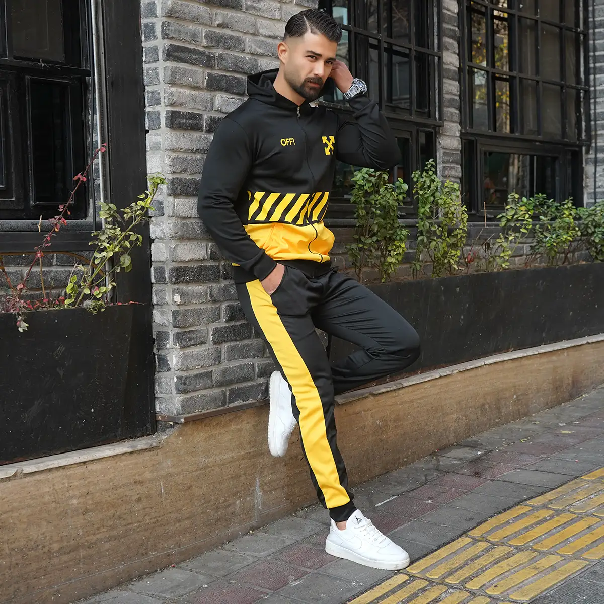 ست سویشرت شلوار مردانه مشکی زرد off-white مدل Manga