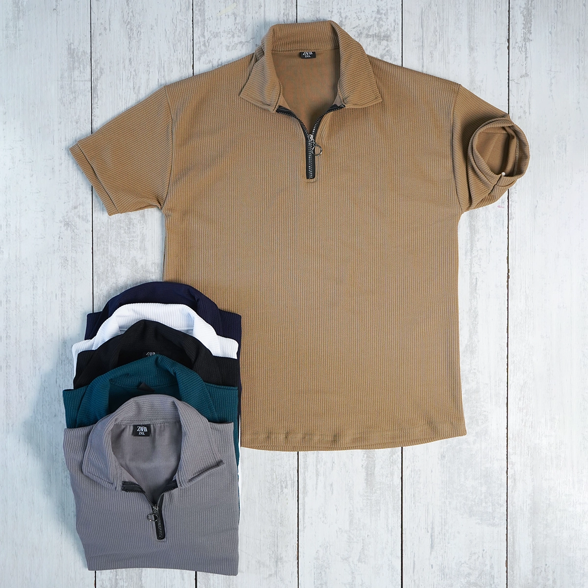 تیشرت مردانه یقه زیپ دار کرم مدل Arban