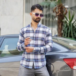 پیراهن چهارخونه آبی سفید مردانه مدل Sany