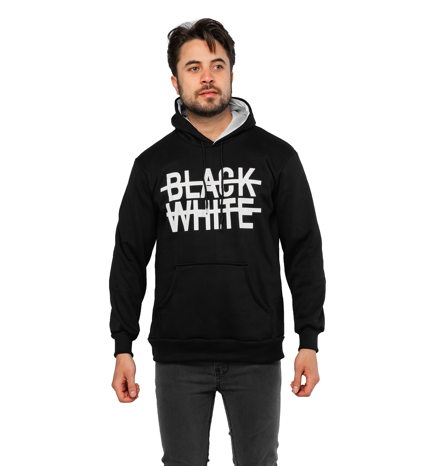 هودی کلاهدار مشکی ساده BLACK WHITE مدل 45716