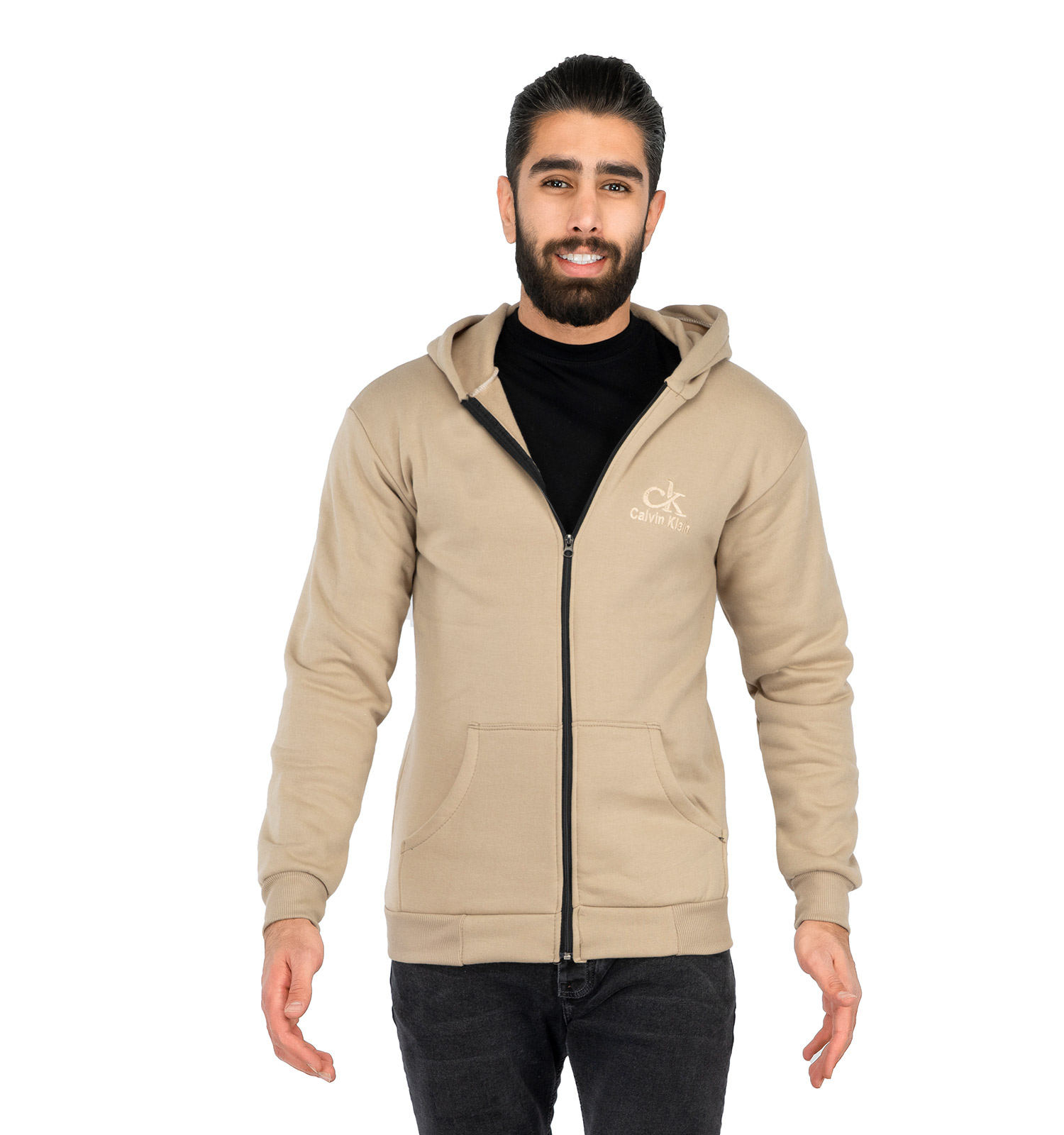 سویشرت زیپ دار مردانه کرمی کلاهدار Calvin Klein مدل 41650