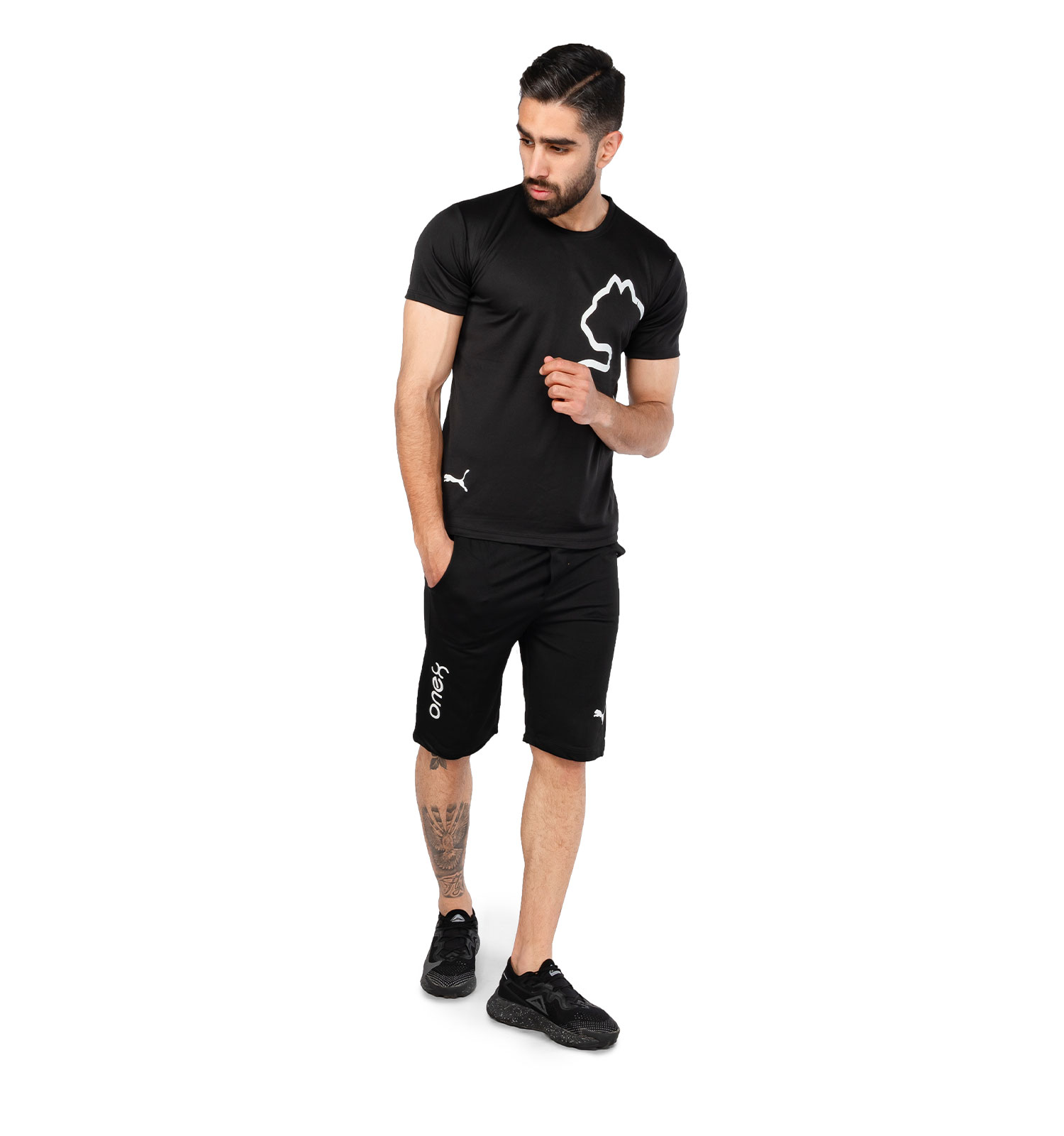 ست تیشرت شلوارک مردانه آستین کوتاه مشکی Puma ساده یقه گرد مدل 44495