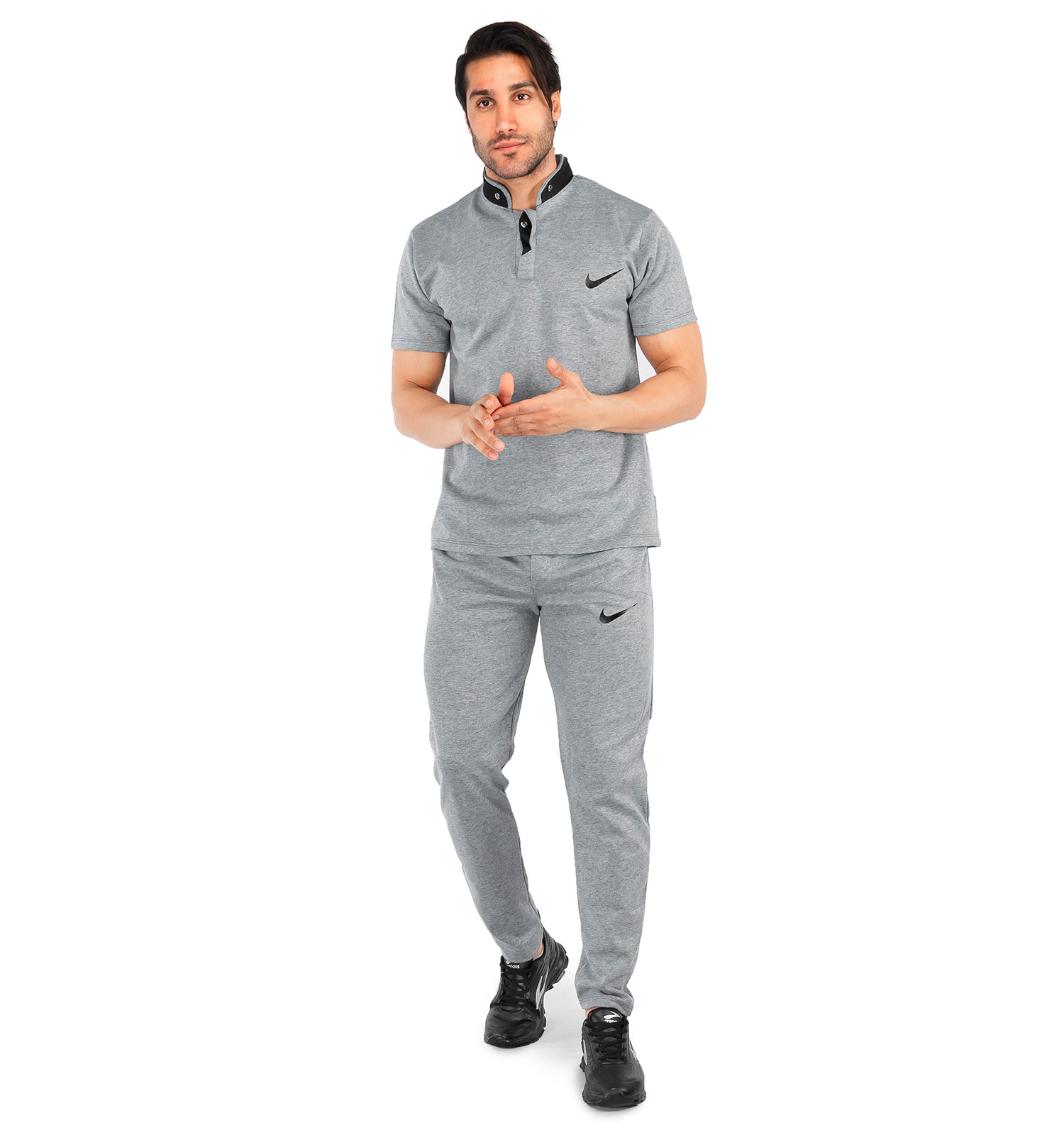 ست تیشرت شلوار مردانه آستین کوتاه طوسی Nike ساده یقه گرد مدل 43183