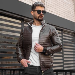 کاپشن چرم مردانه قهوه ای مدل TIMER