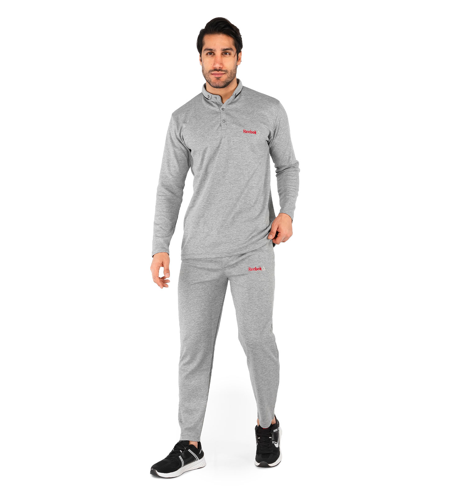ست بلوز شلوار مردانه آستین بلند طوسی Reebok ساده یقه گرد مدل 44077