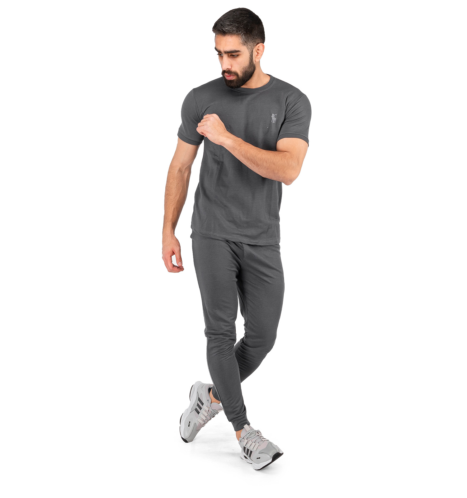 ست تیشرت شلوار مردانه آستین کوتاه طوسی Polo ساده یقه گرد مدل 43134