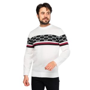 بافت مردانه یقه گرد سفید فری سایز طرحدار مدل 45881