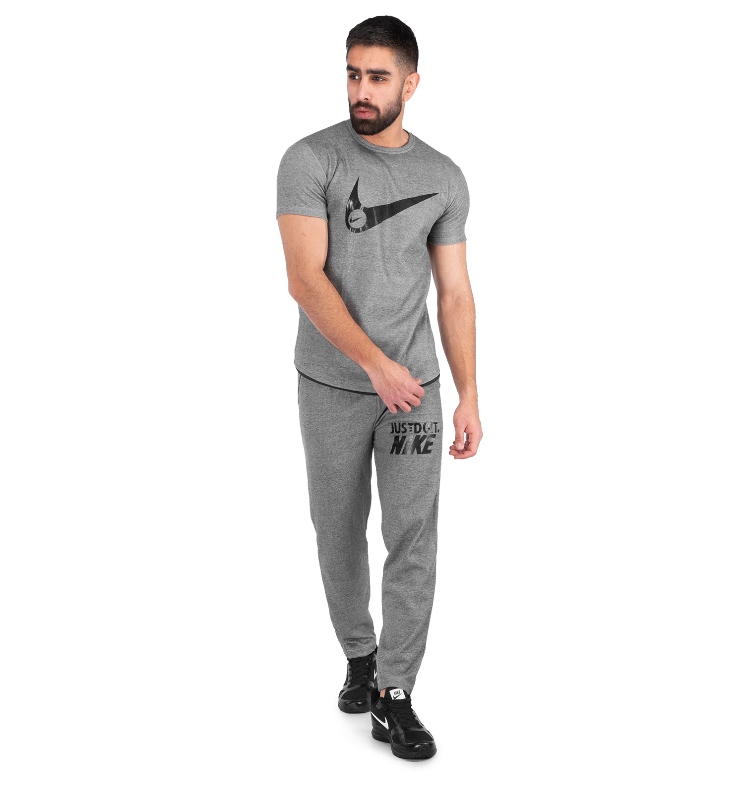 ست تیشرت شلوار مردانه طوسی Nike ساده یقه گرد مدل 42927