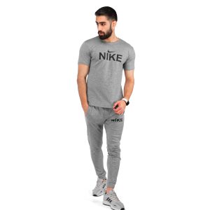 ست تیشرت شلوار مردانه آستین کوتاه طوسی Nike ساده یقه گرد مدل 43127