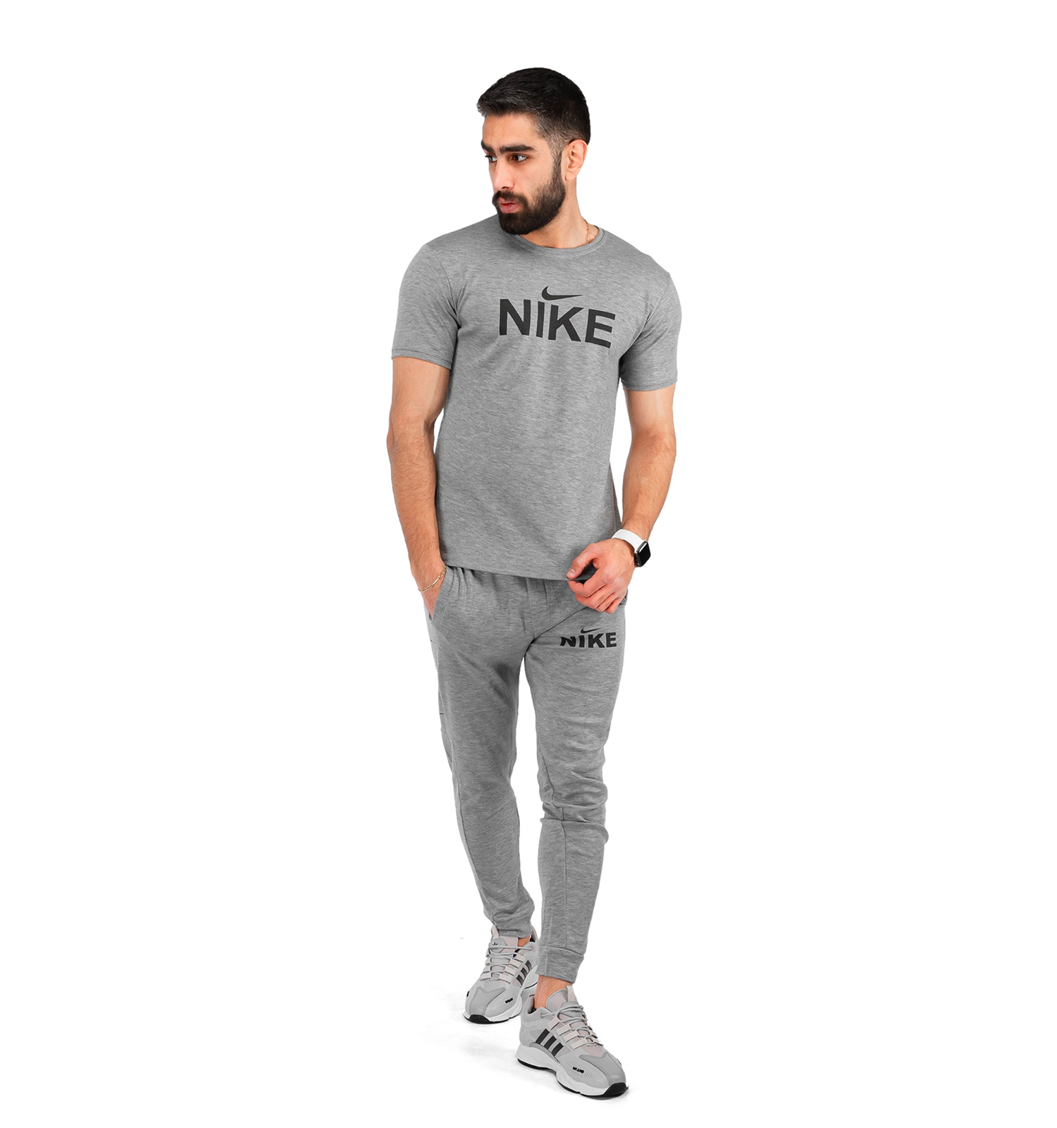 ست تیشرت شلوار مردانه آستین کوتاه طوسی Nike ساده یقه گرد مدل 43127