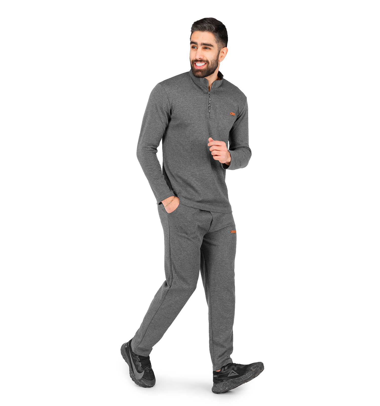 ست بلوز شلوار مردانه آستین بلند طوسی ساده یقه ایستاده مدل 43596