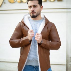 هودی چرم لبه خز مردانه مدل Noyan قهوه ای