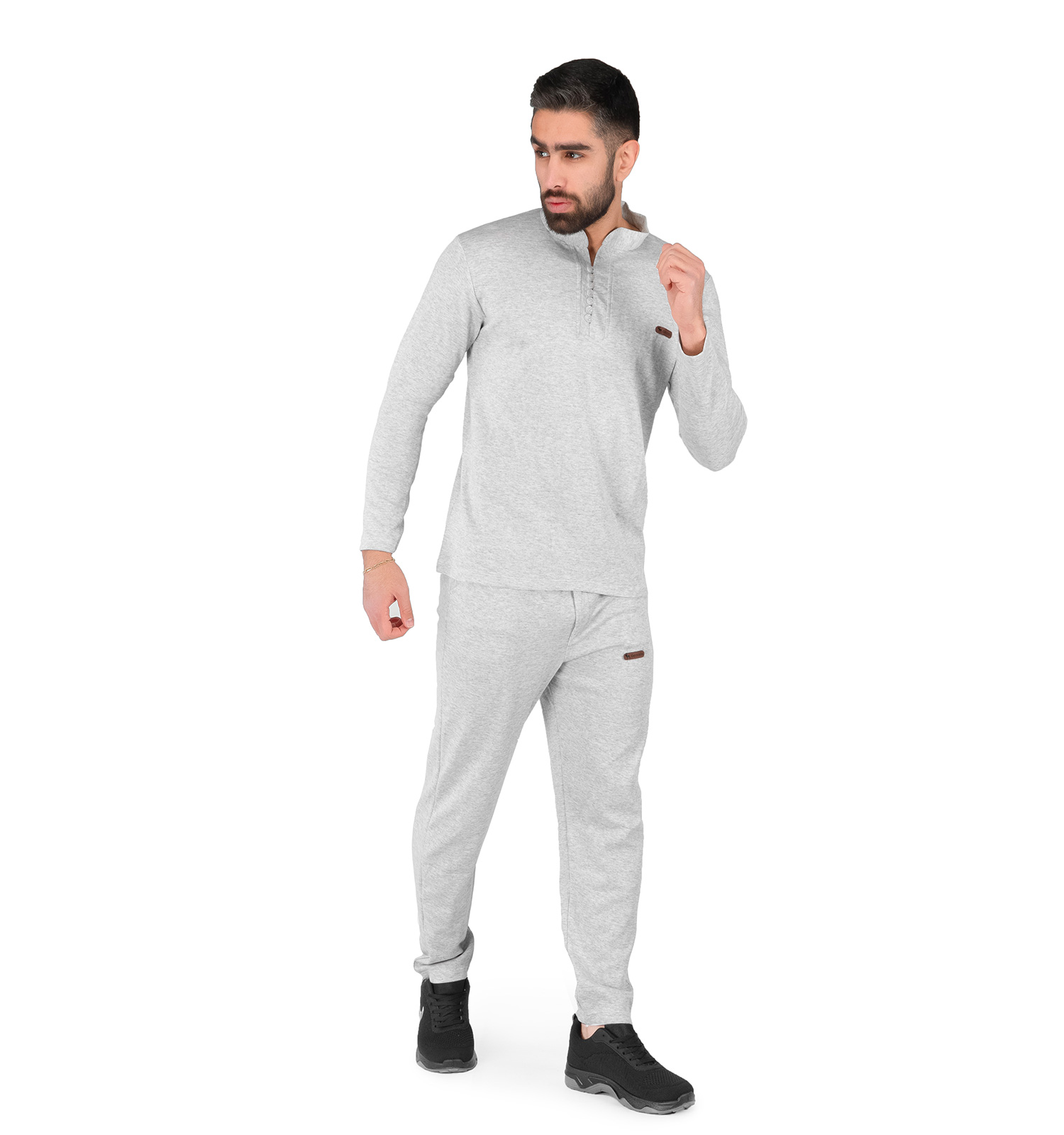 ست بلوز شلوار مردانه آستین بلند سفید ساده یقه ایستاده مدل 43597