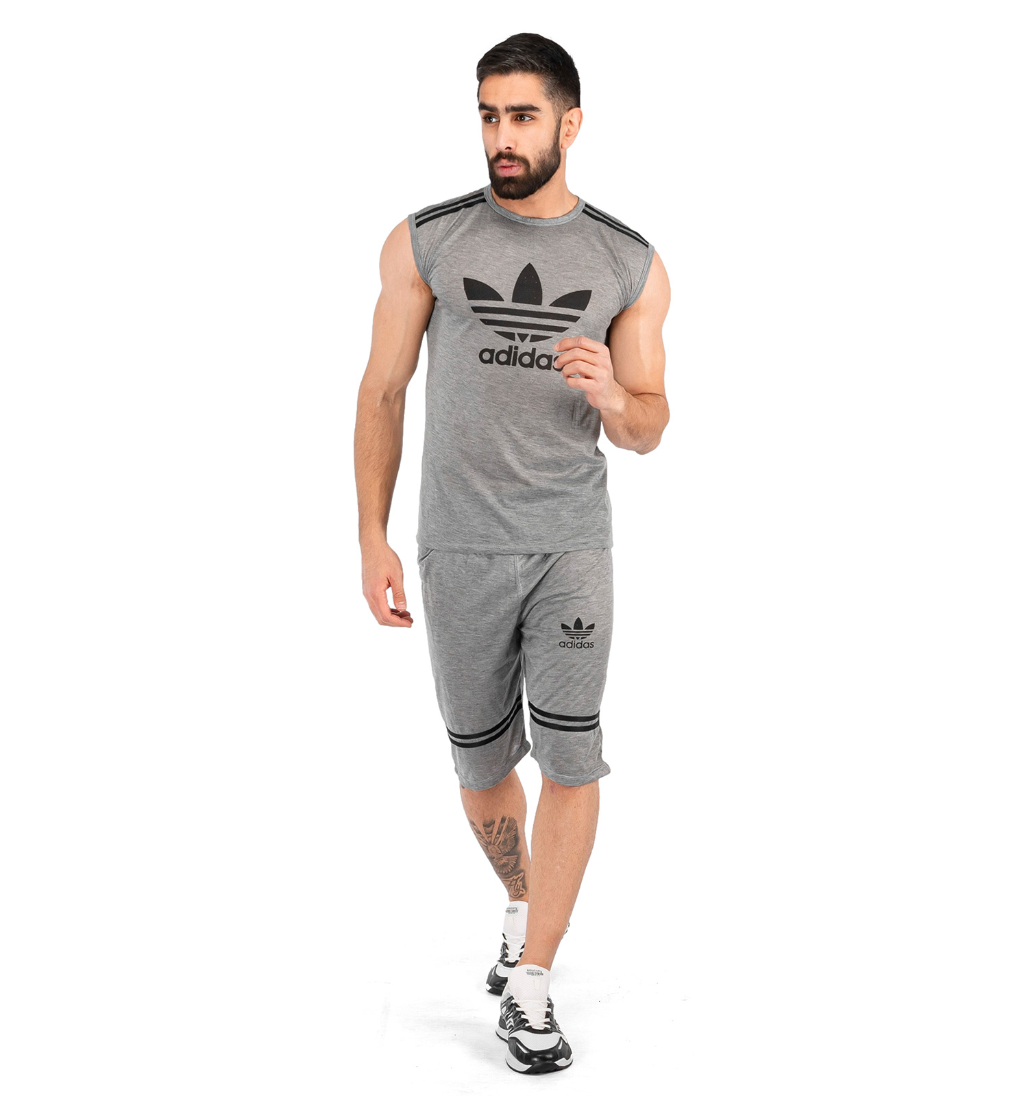 ست رکابی شلوارک مردانه آستین حلقه ای طوسی Adidas ساده یقه گرد مدل 43109