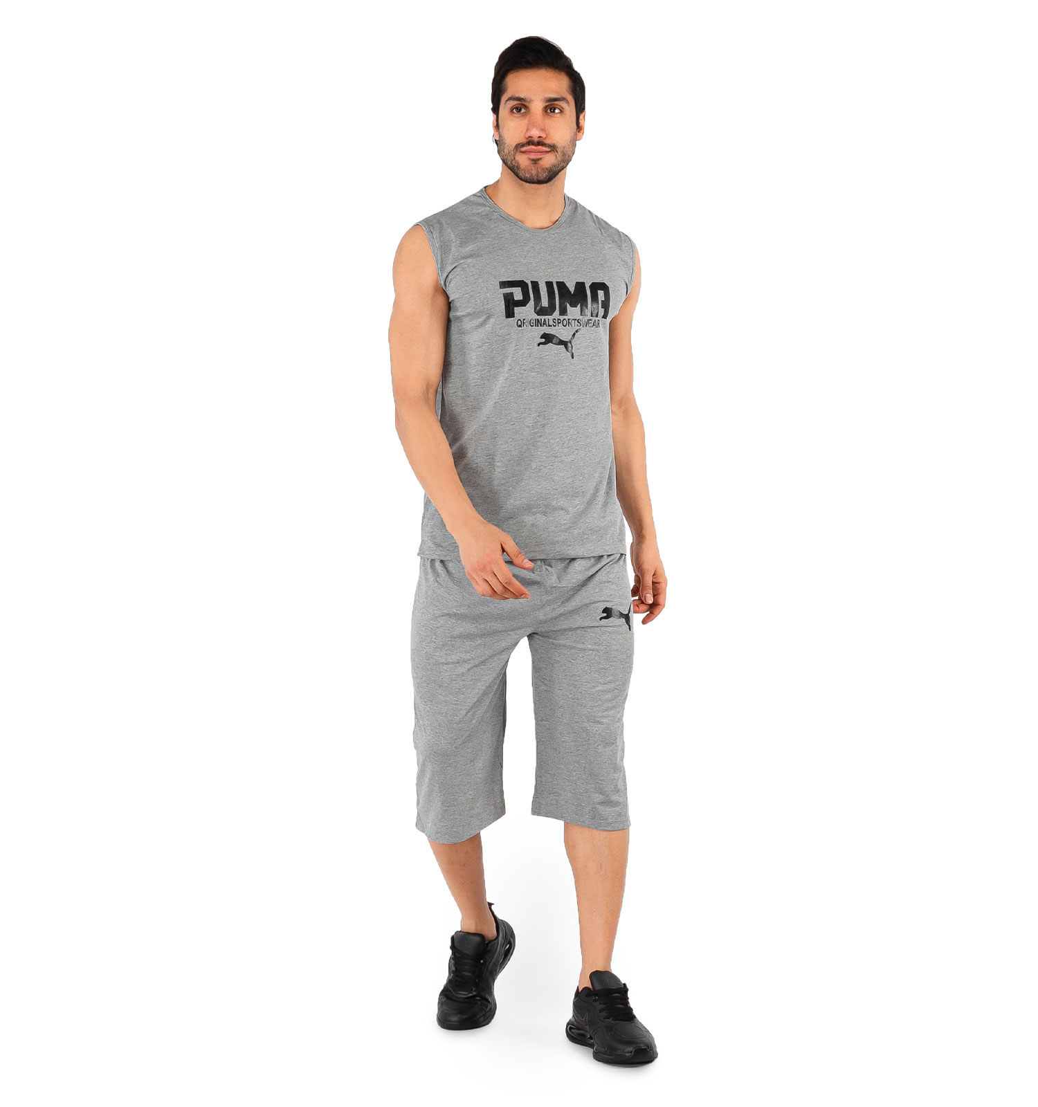 ست رکابی شلوارک مردانه طوسی Puma یقه گرد مدل 44167