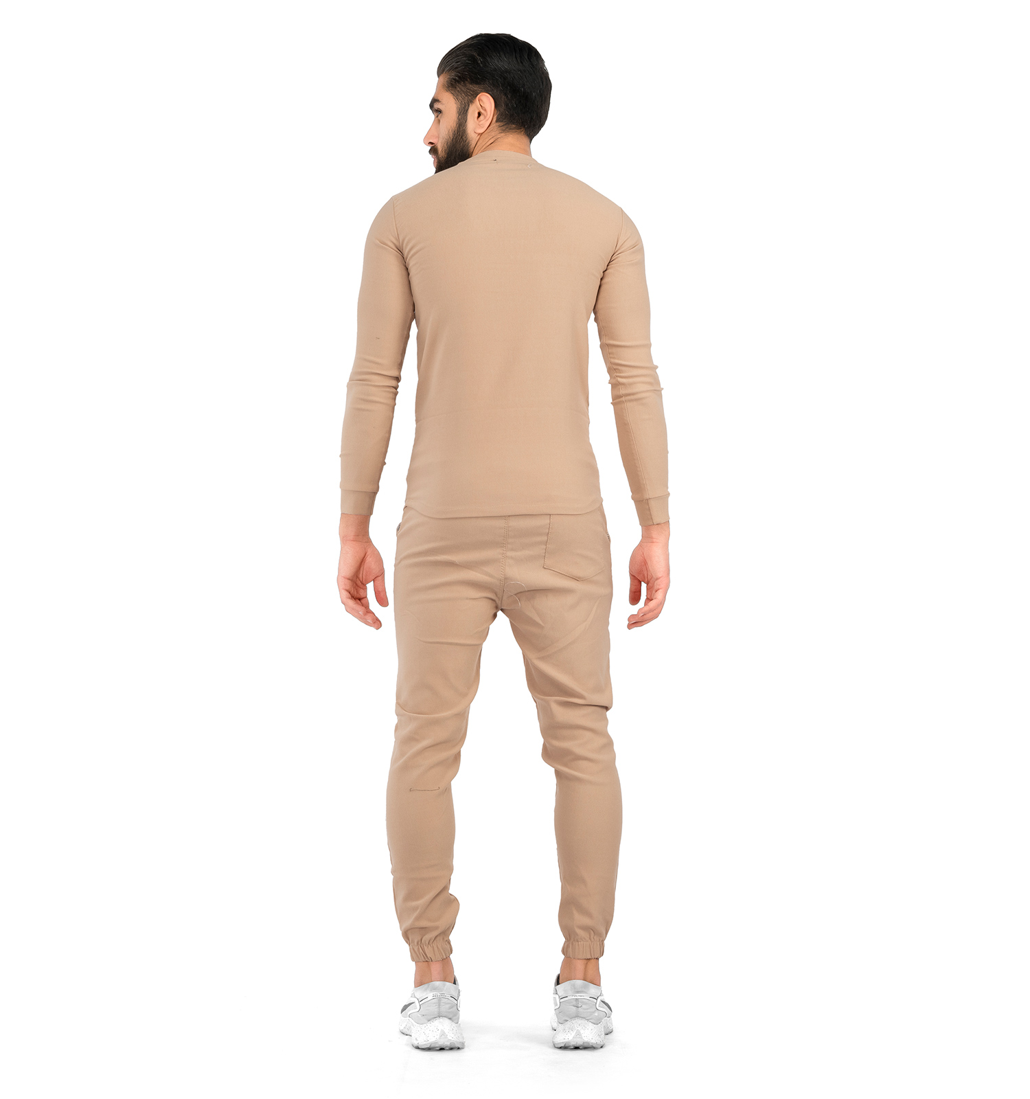 ست بلوز شلوار مردانه آستین بلند کرمی ساده یقه گرد مدل 41725