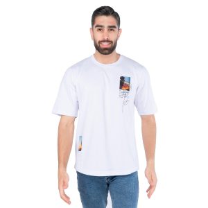 تیشرت یقه گرد مردانه سفید پنبه طرحدار مدل 44548