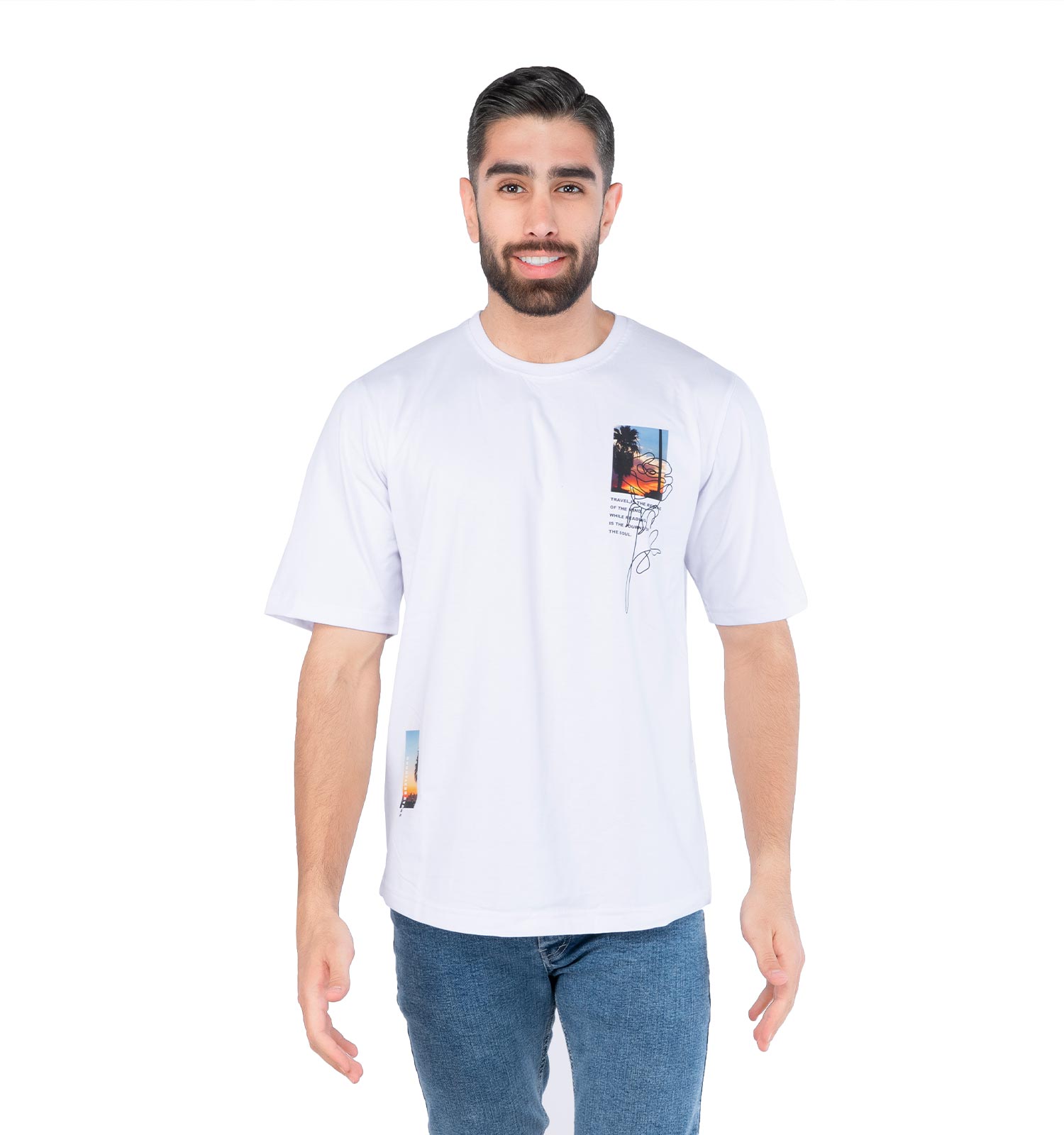 تیشرت یقه گرد مردانه سفید پنبه طرحدار مدل 44548