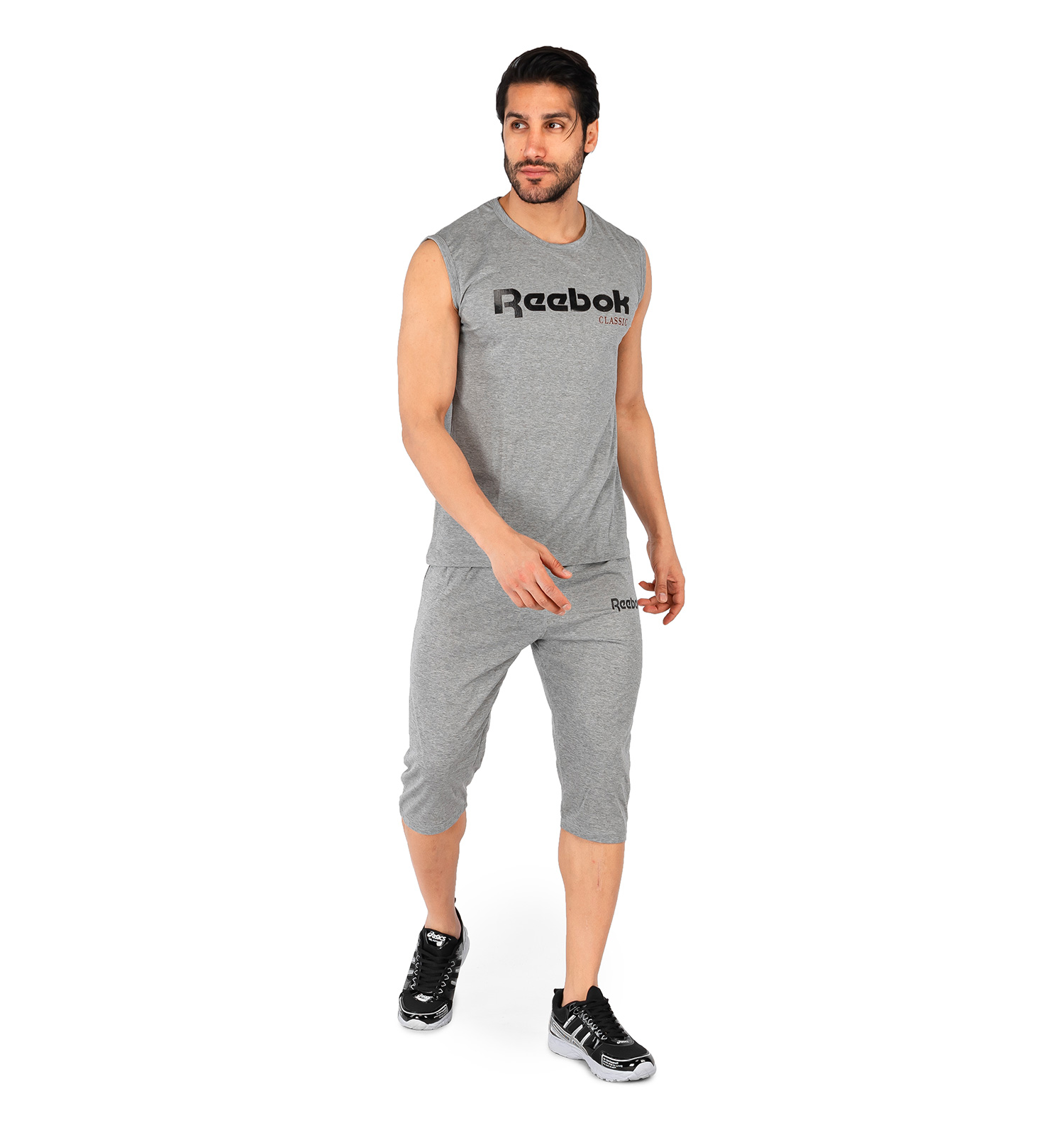 ست رکابی شلوارک مردانه آستین بلند طوسی Reebok ساده یقه گرد مدل 43897