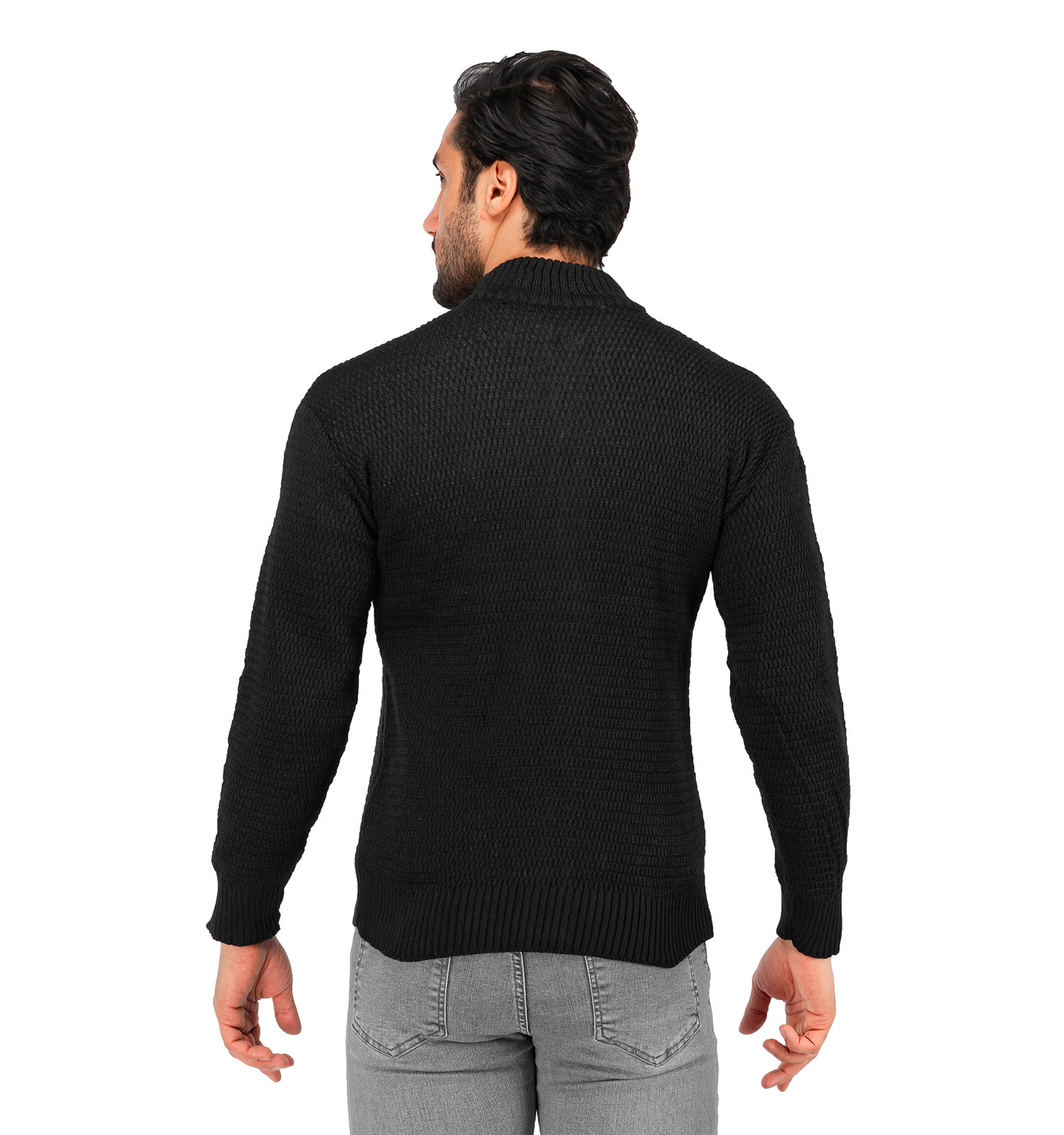 ژاکت بافت مردانه زیپ دار یقه ایستاده مشکی فری سایز ساده Lima مدل 40291