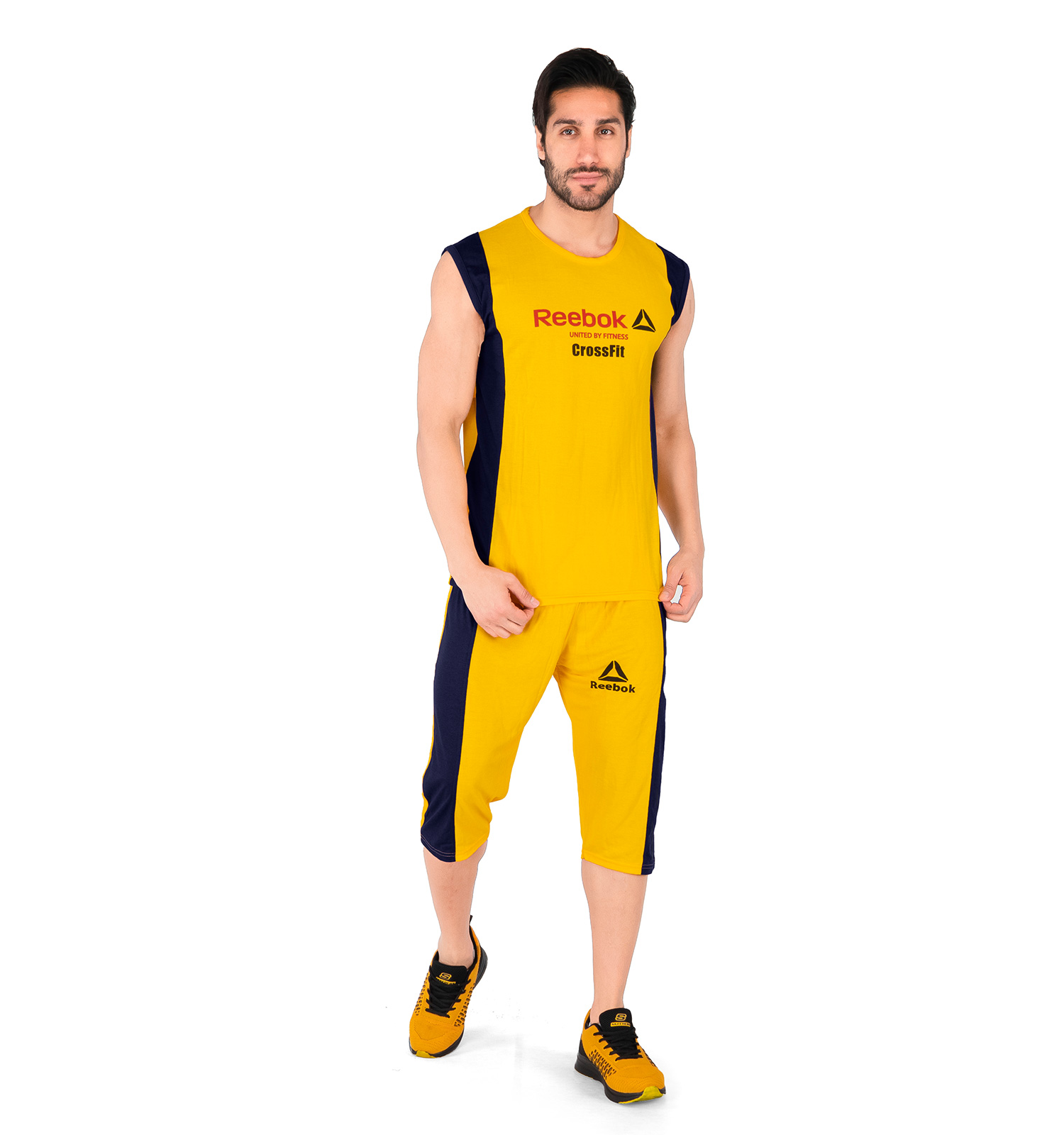 ست رکابی شلوارک مردانه آستین حلقه ای زرد Reebok ساده یقه گرد مدل 43937