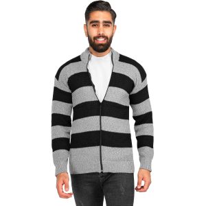 ژاکت بافت مردانه زیپ دار یقه ایستاده راه راه Lima مدل 40182
