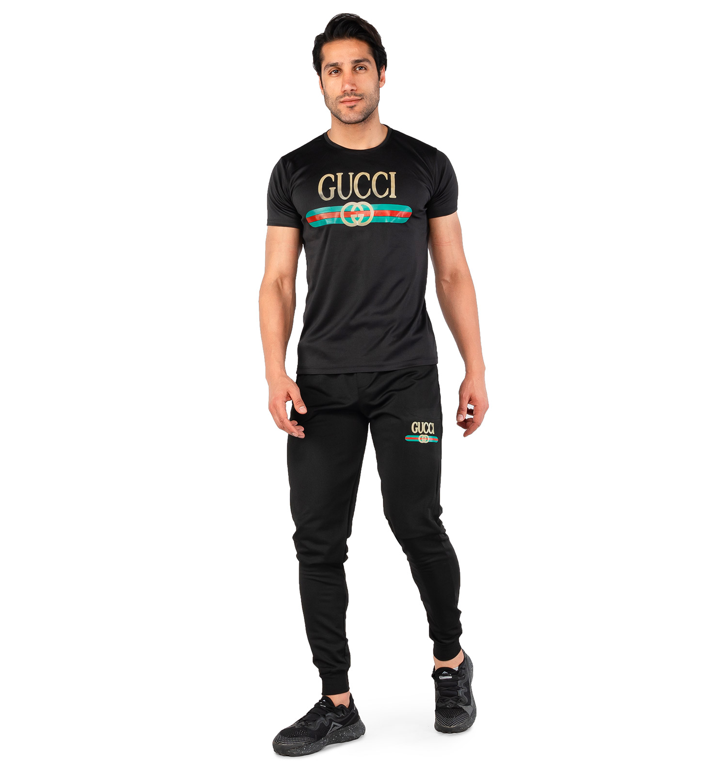 ست تیشرت شلوار مردانه آستین کوتاه مشکی Gucci ساده یقه گرد مدل 44500