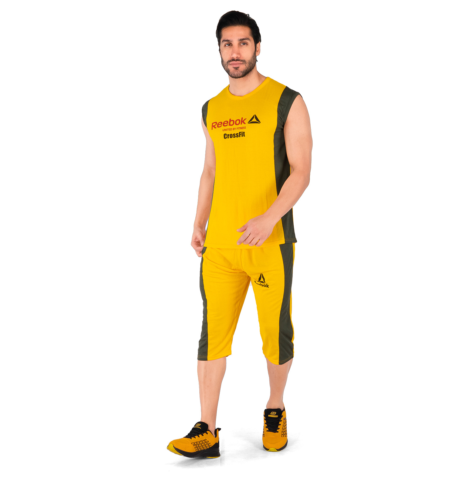 ست رکابی شلوارک مردانه آستین حلقه ای زرد Reebok ساده یقه گرد مدل 43938