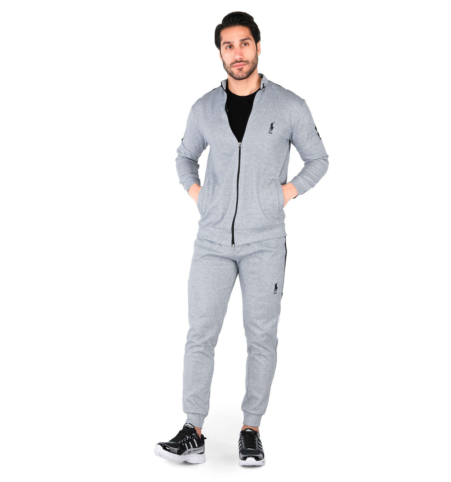 ست سویشرت شلوار مردانه آستین بلند طوسی Polo ساده یقه ایستاده مدل 43886