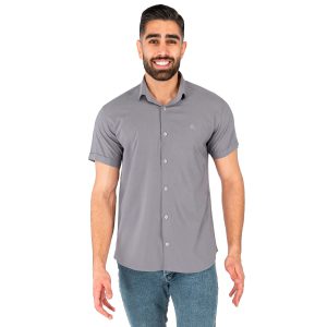 پیراهن نخی مردانه استین کوتاه طوسی ساده مدل 43805