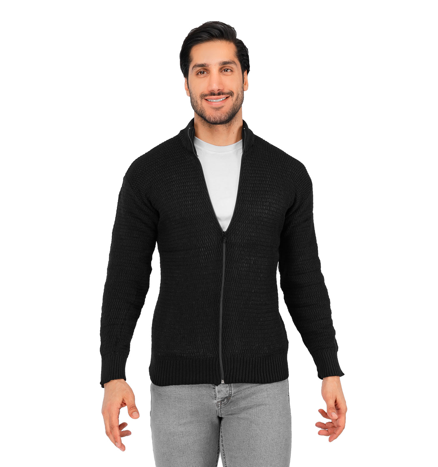 ژاکت بافت مردانه زیپ دار یقه ایستاده مشکی فری سایز ساده Lima مدل 40291