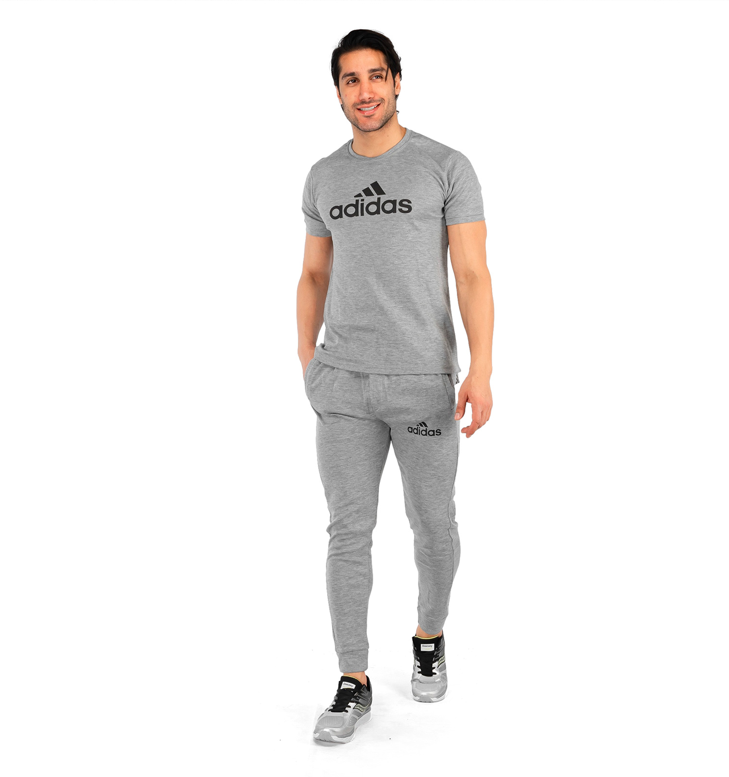ست تیشرت شلوار مردانه آستین کوتاه طوسی Adidas ساده یقه گرد مدل 43126