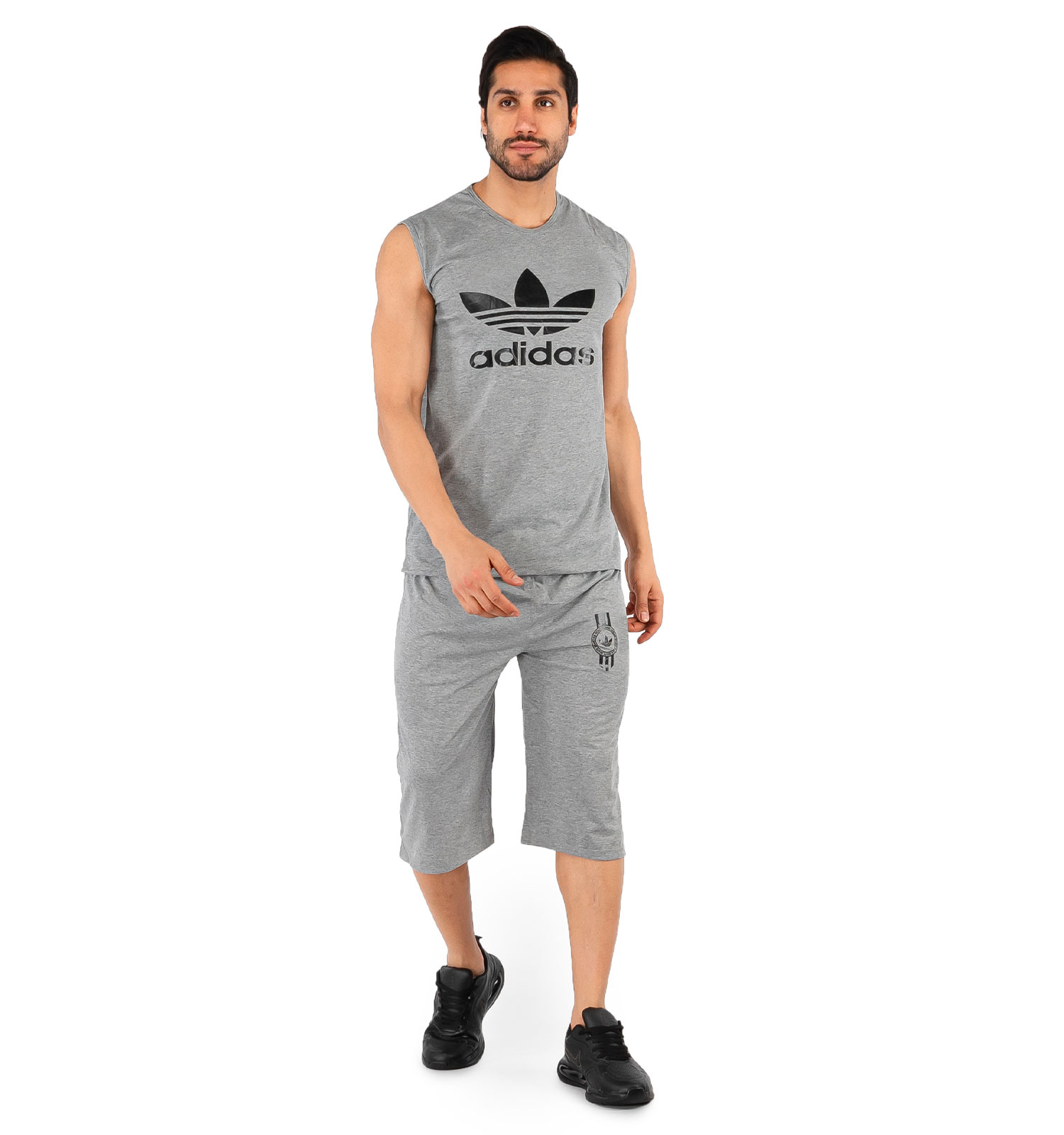 ست رکابی شلوارک مردانه آستین حلقه ای طوسی Adidas ساده یقه گرد مدل 44160