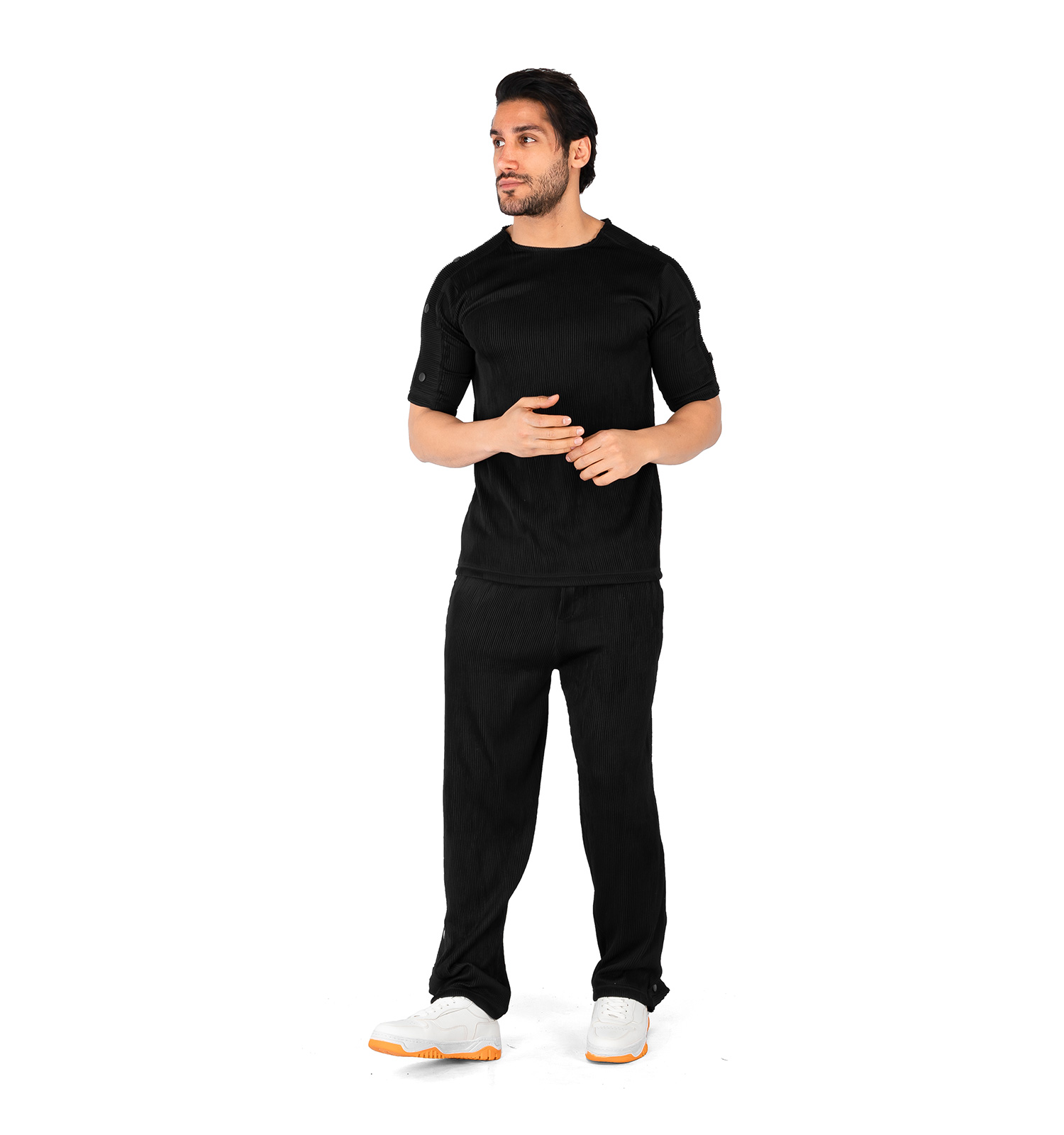 ست تیشرت شلوار مردانه آستین سه ربع مشکی کبریتی یقه گرد مدل 43792