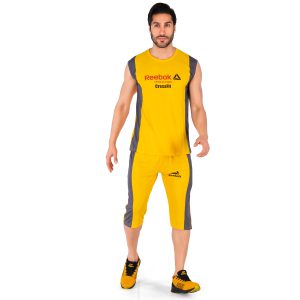 ست رکابی شلوارک مردانه آستین حلقه ای زرد Reebok ساده یقه گرد مدل 43939