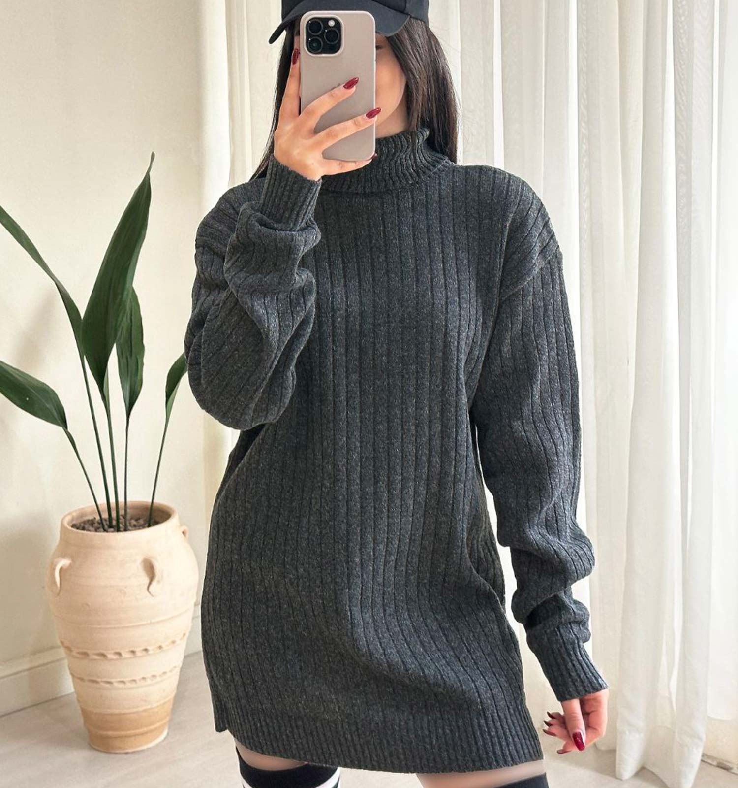 تونیک بافت زنانه آستین بلند یقه اسکی فری سایز مدل 45671