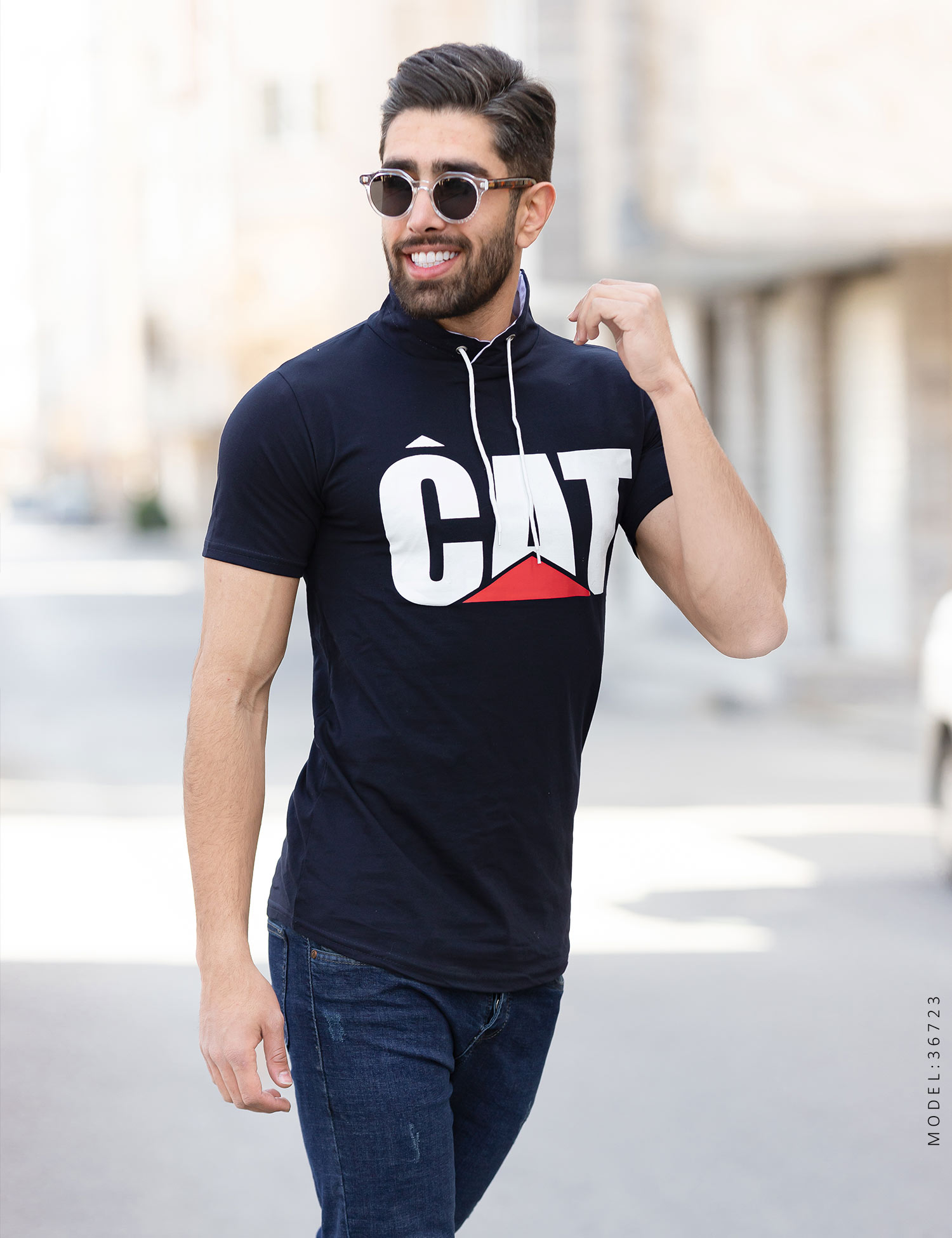 تیشرت مردانه یقه بنددار Cat مدل 36723