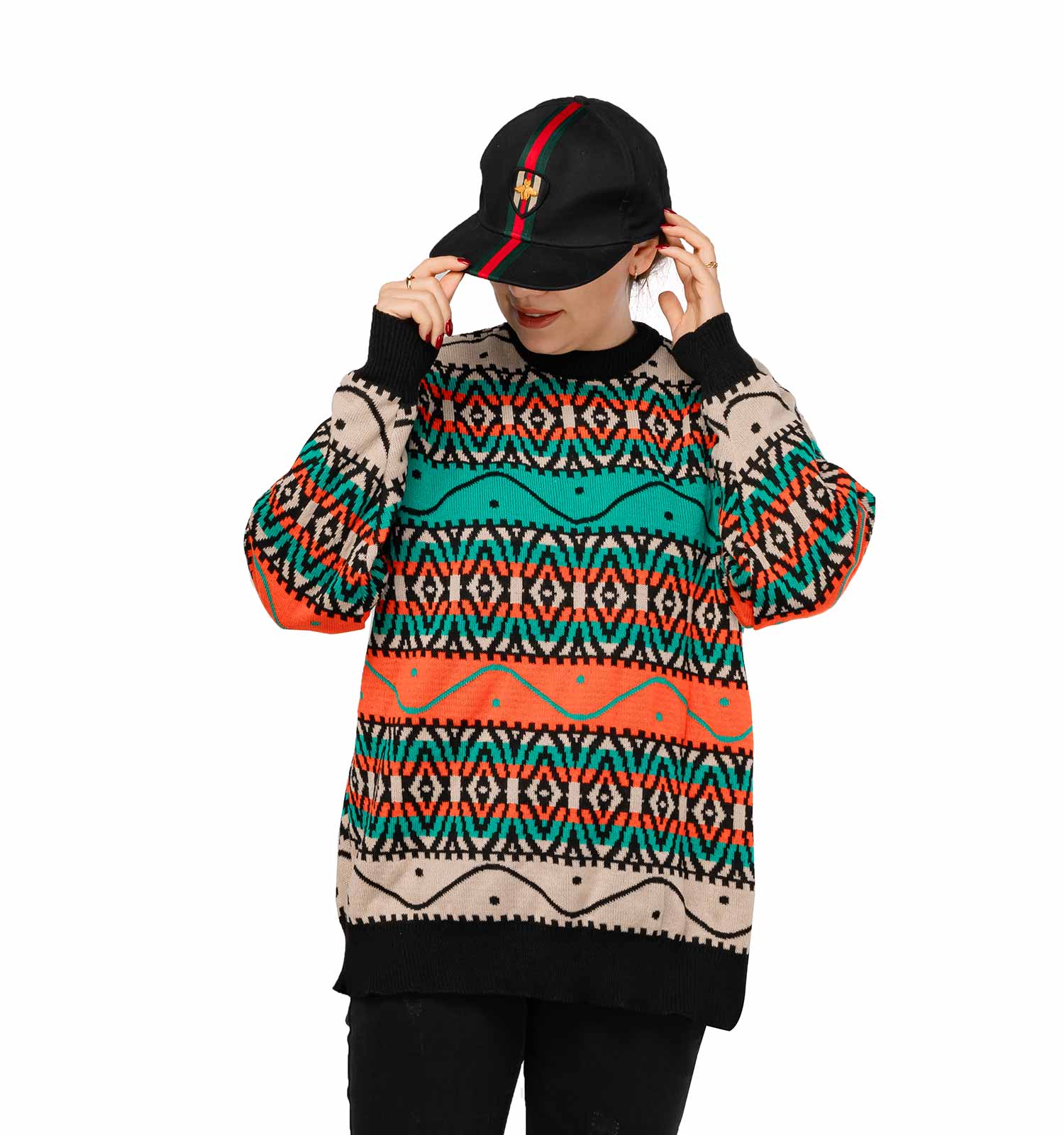 تونیک بافت زنانه طرحدار یقه گرد فری سایز مدل 46023