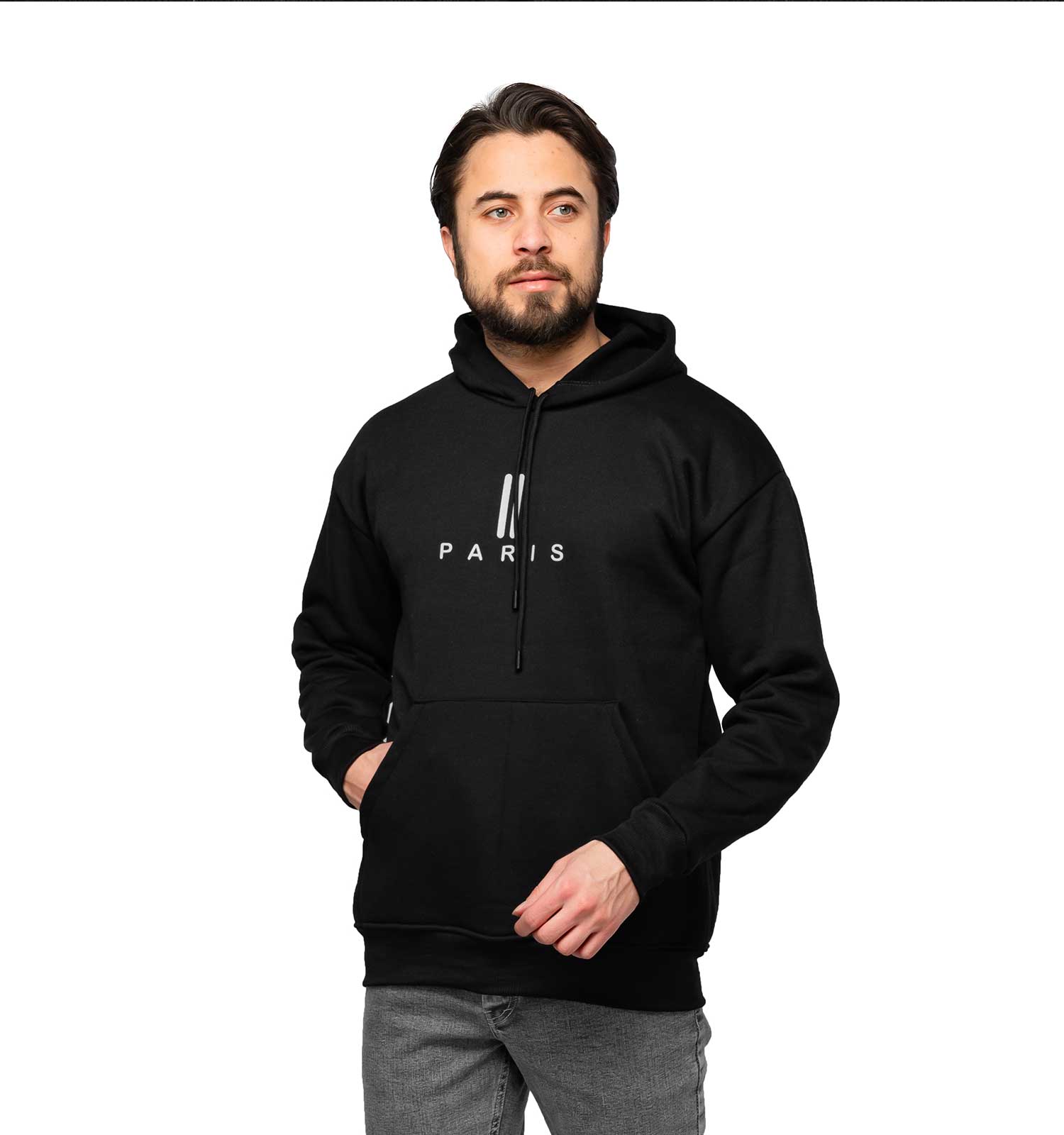 هودی مردانه کلاهدار مشکی ساده Paris مدل 46673