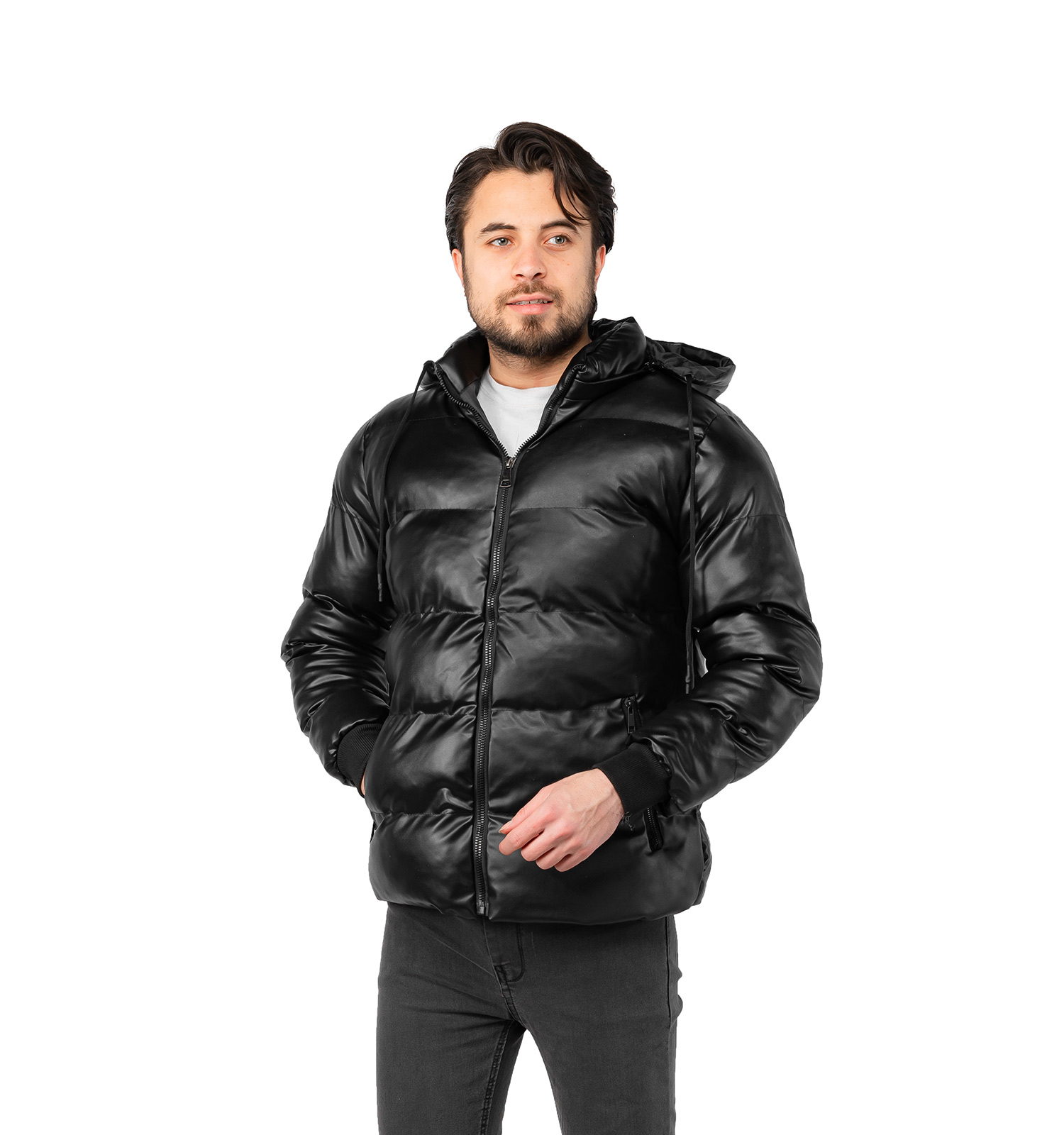 کاپشن چرم مصنوعی اسپرت مردانه بادی کلاهدار مشکی مدل 46754