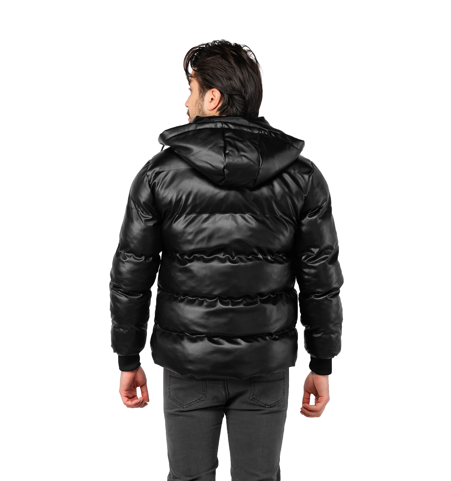 کاپشن چرم مصنوعی اسپرت مردانه بادی کلاهدار مشکی مدل 46754