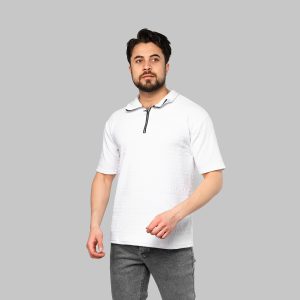 تیشرت مراکشی نیم زیپ یقه دار مردانه سفید ساده مدل 46946